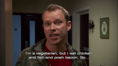 Peep Show Jez Jeremy Usbourne Vegetarian Chicken fish posh bacon
