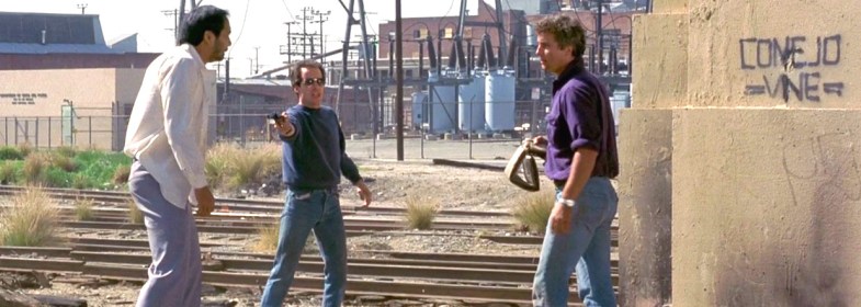 To Live and Die in LA holdup William Friedkin, William Petersen, Willem Dafoe, John Pankow, Michael Greene, Debra Feuer, John Turturro, Darlanne Fluegel, Dean Stockwell, Robert Downey, Sr., Steve James